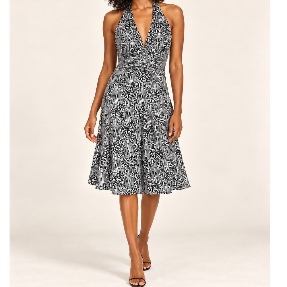 Zebra Print Silk Halter Midi Dress bebe M Black White Sequins Ruched Y2K Evening